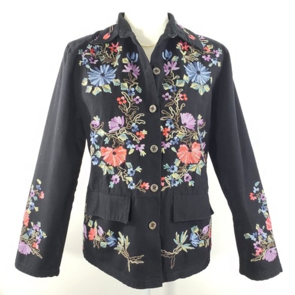 Take Two Embroidered Floral Jacket Lightweight Black Size S Cotton Button Front